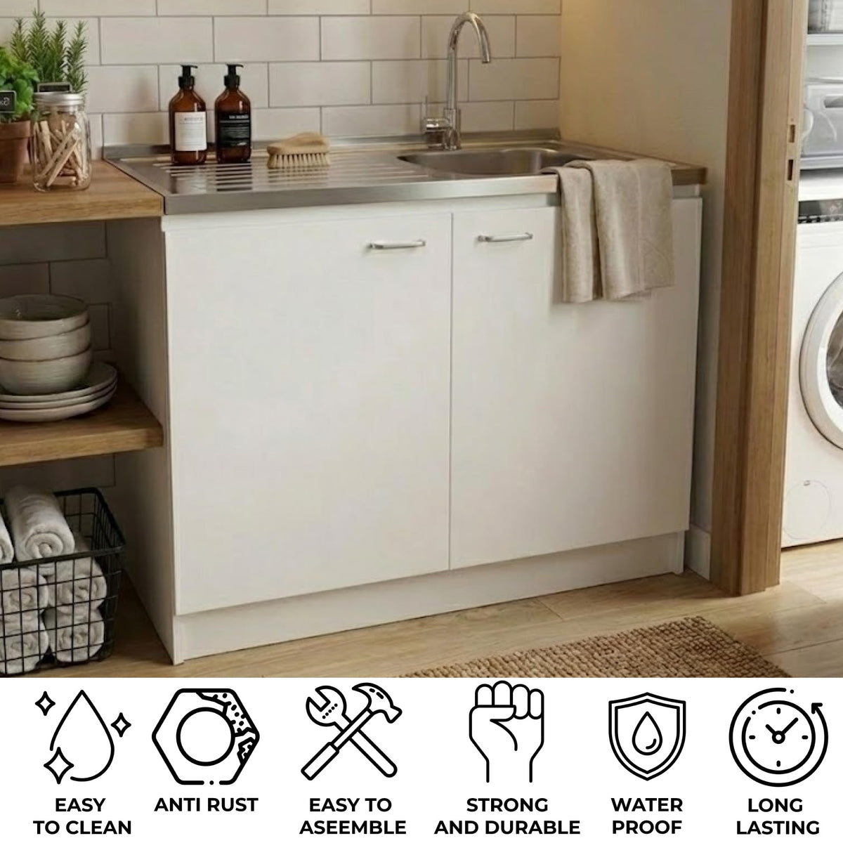 White 39 in Kitchen Sink Cabinet with Stainless Steel Top X86612