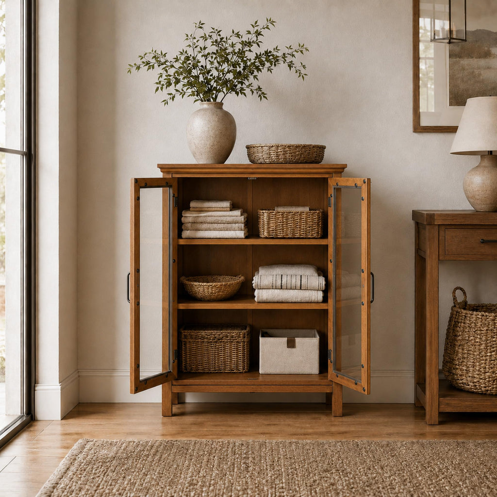 Wooden Freestanding Floor Cabinet with 2 Adjustable Shelves and 2 Glass Paneled Doors H264687
