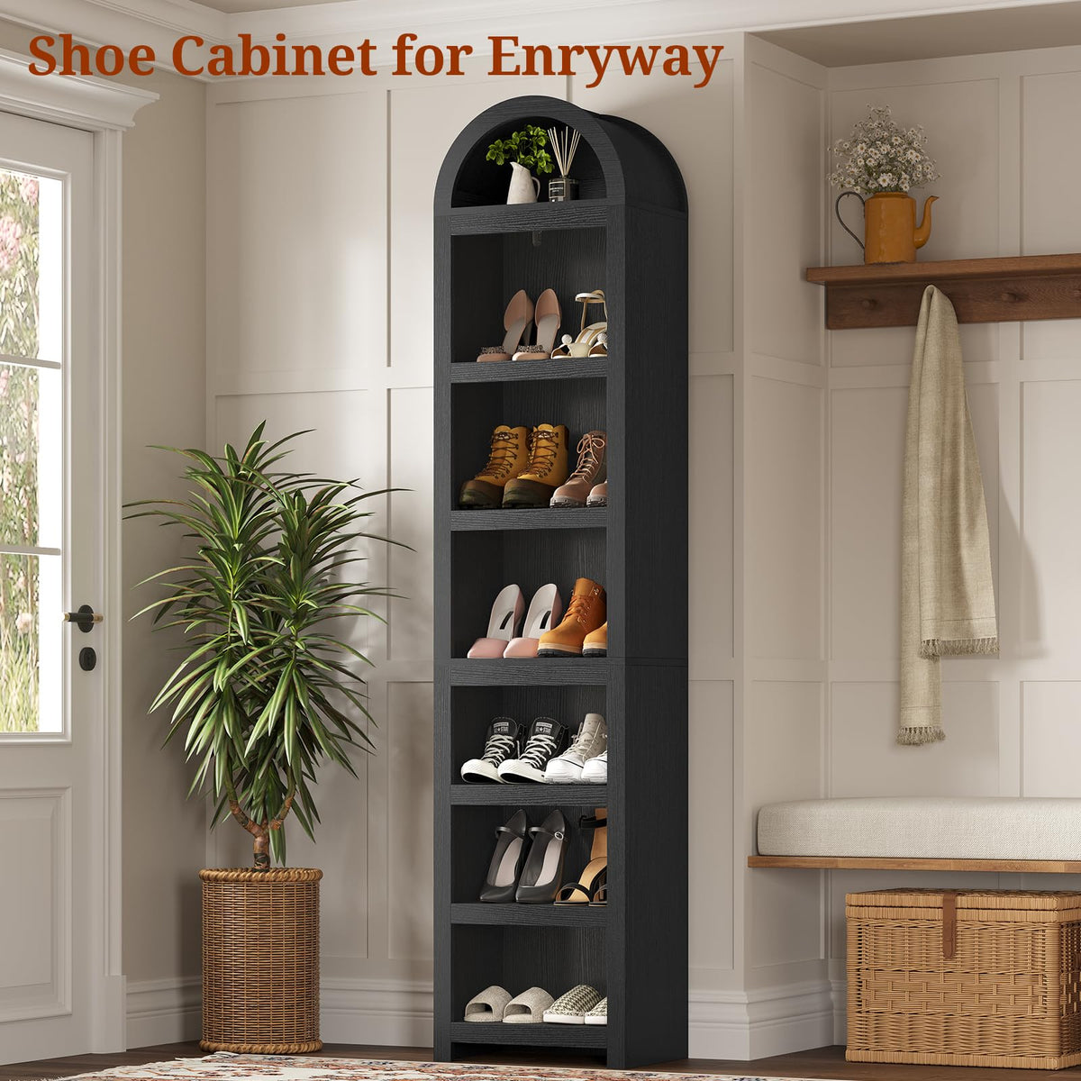 76" Tall Narrow Arched Bookcase, 7-Tier Adjustable Shelves, Black J5143