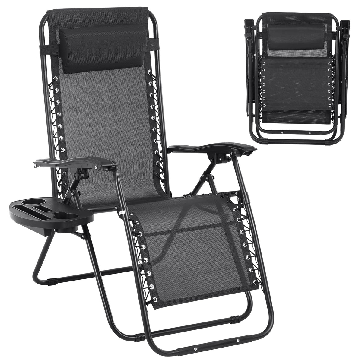 Zero Gravity Chair with Pillow and Cup Holder Trays, Black Z9667
