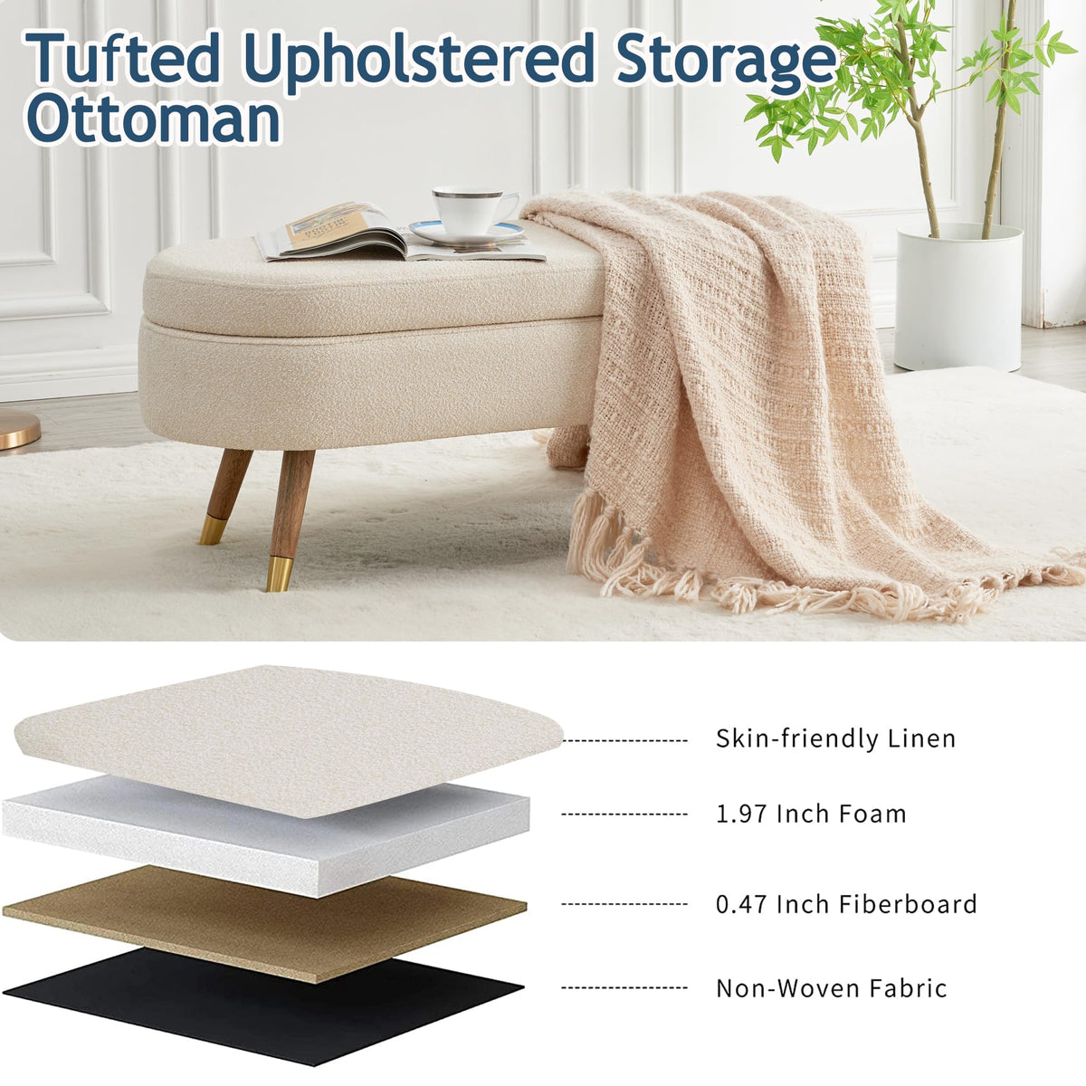 Beige Boucle Upholstered Oval Storage Bench I759118