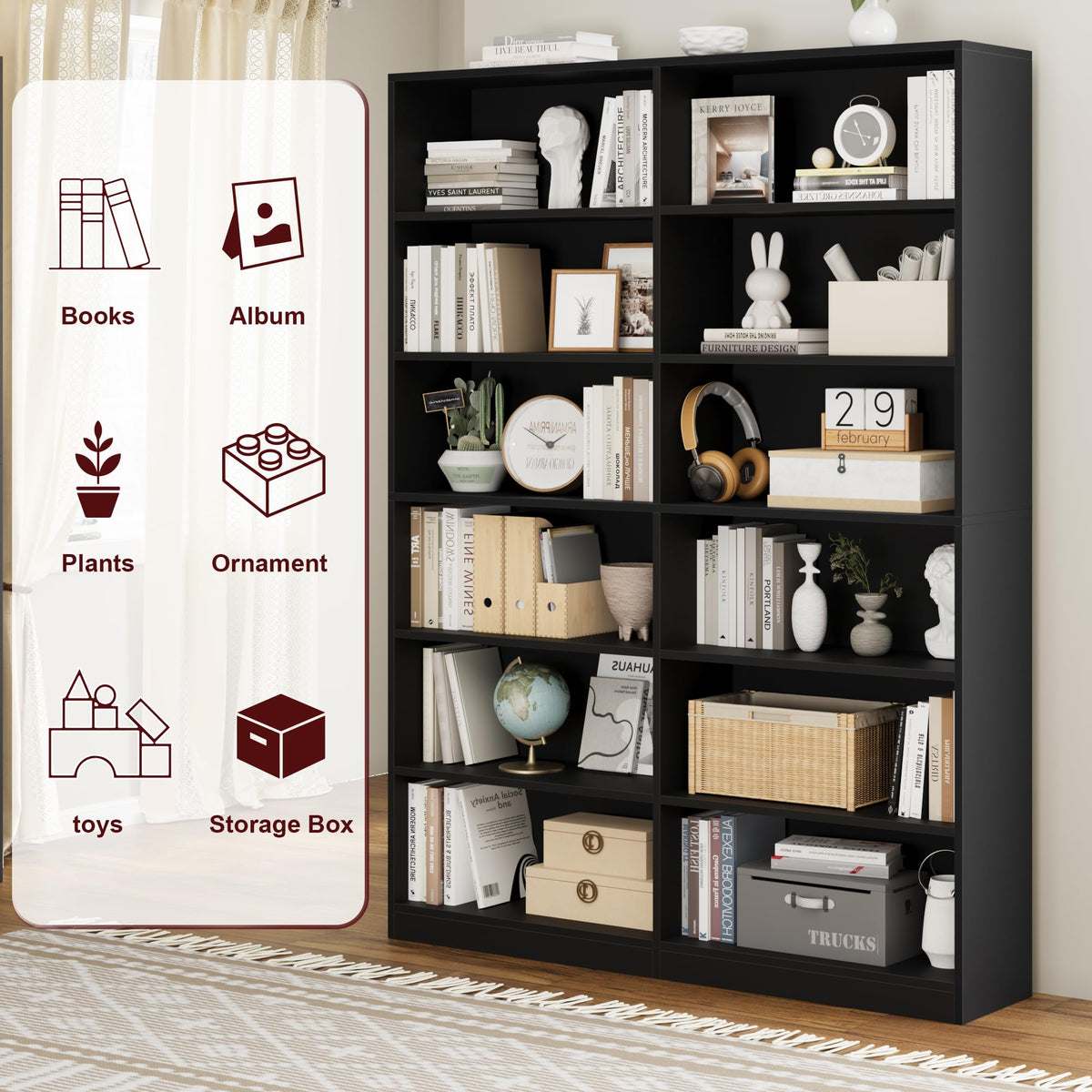 Black 6-Tier Double Wide Bookshelf C8588