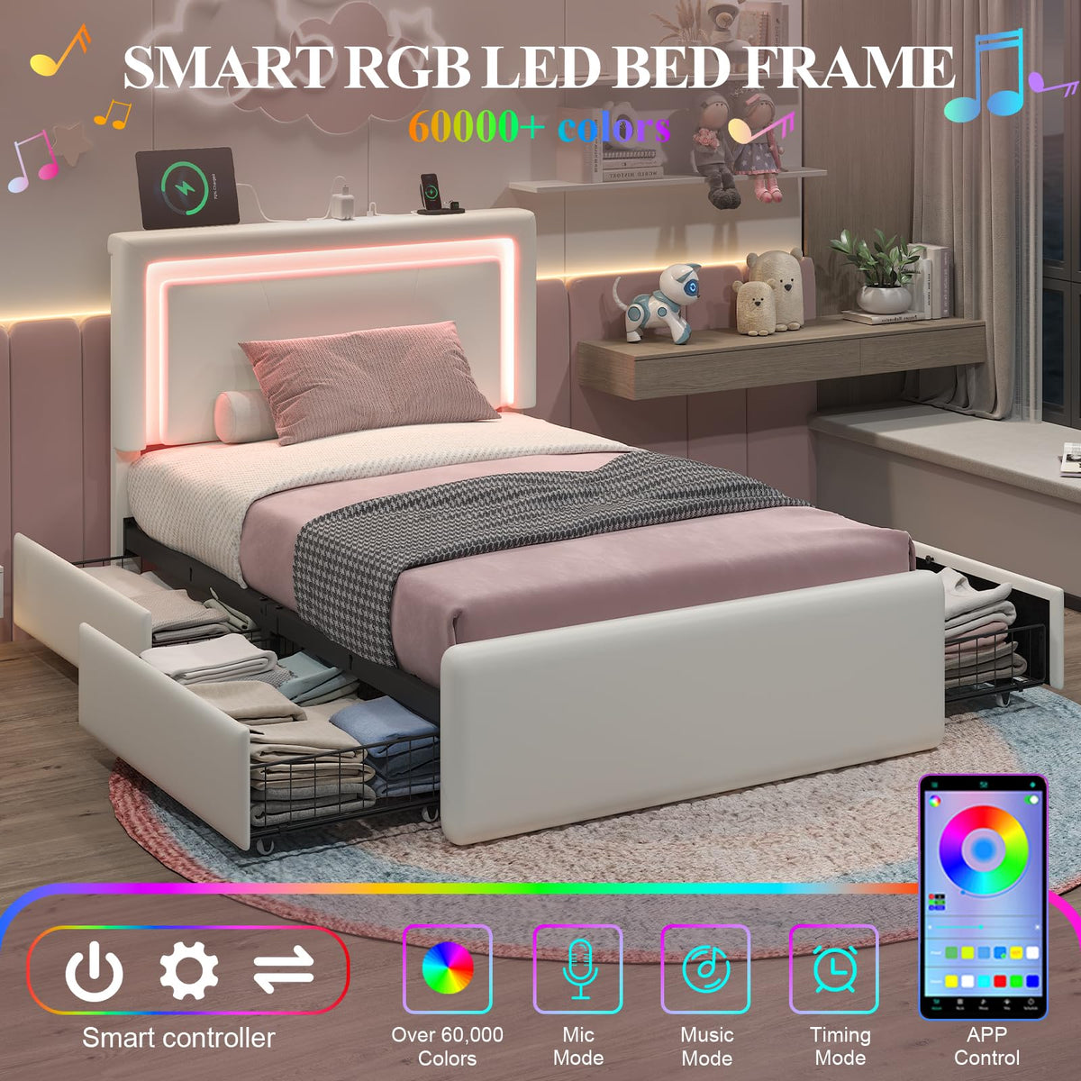 White Twin Size Bed Frame with 4 Storage Drawers I34608
