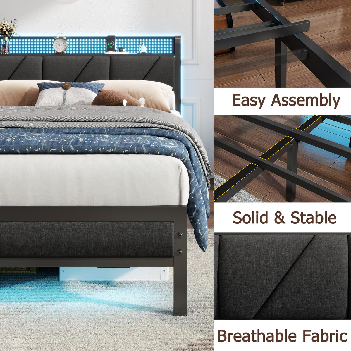 Full Size Bed Frame with Storage Shelf and Upholstered Headboard G987738