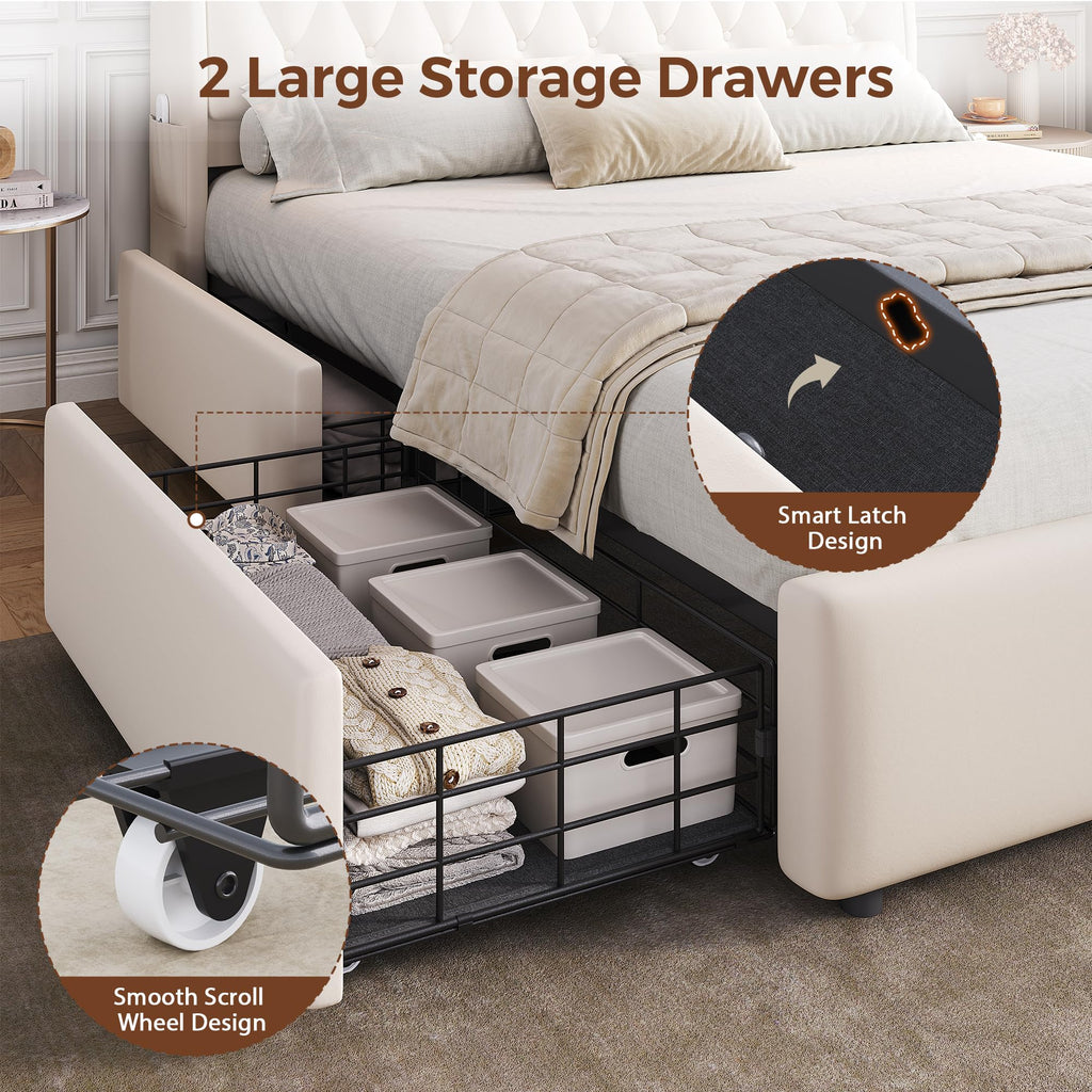 Beige Velvet Upholstered Platform Bed Frame with 2 Storage Drawers E784617