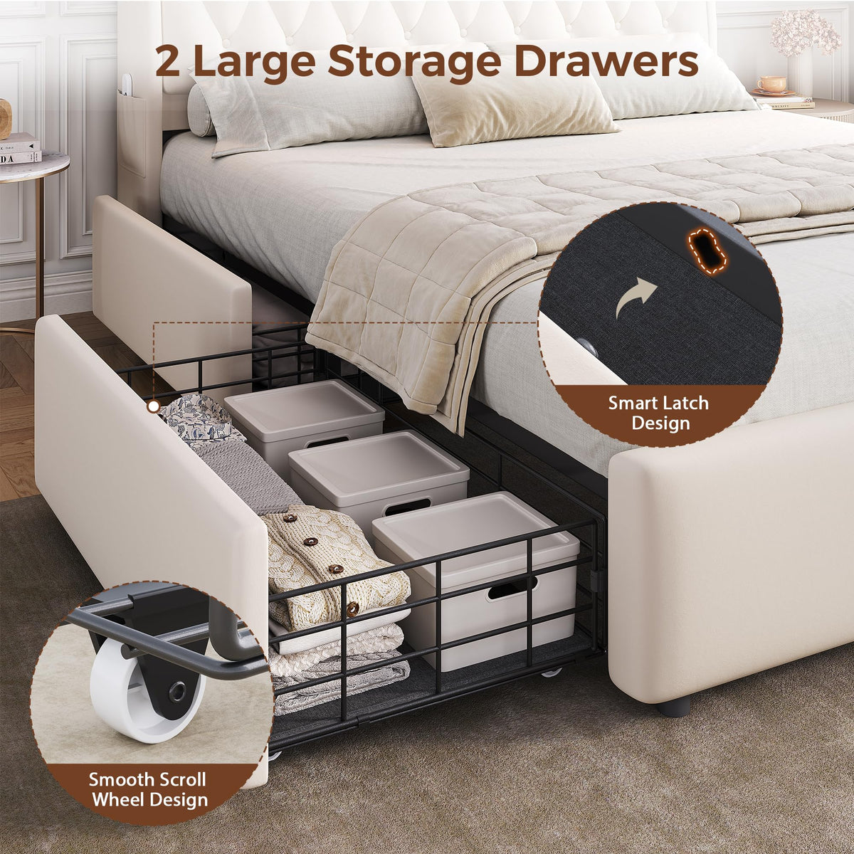 Beige Velvet Upholstered Platform Bed Frame with 2 Storage Drawers E784617