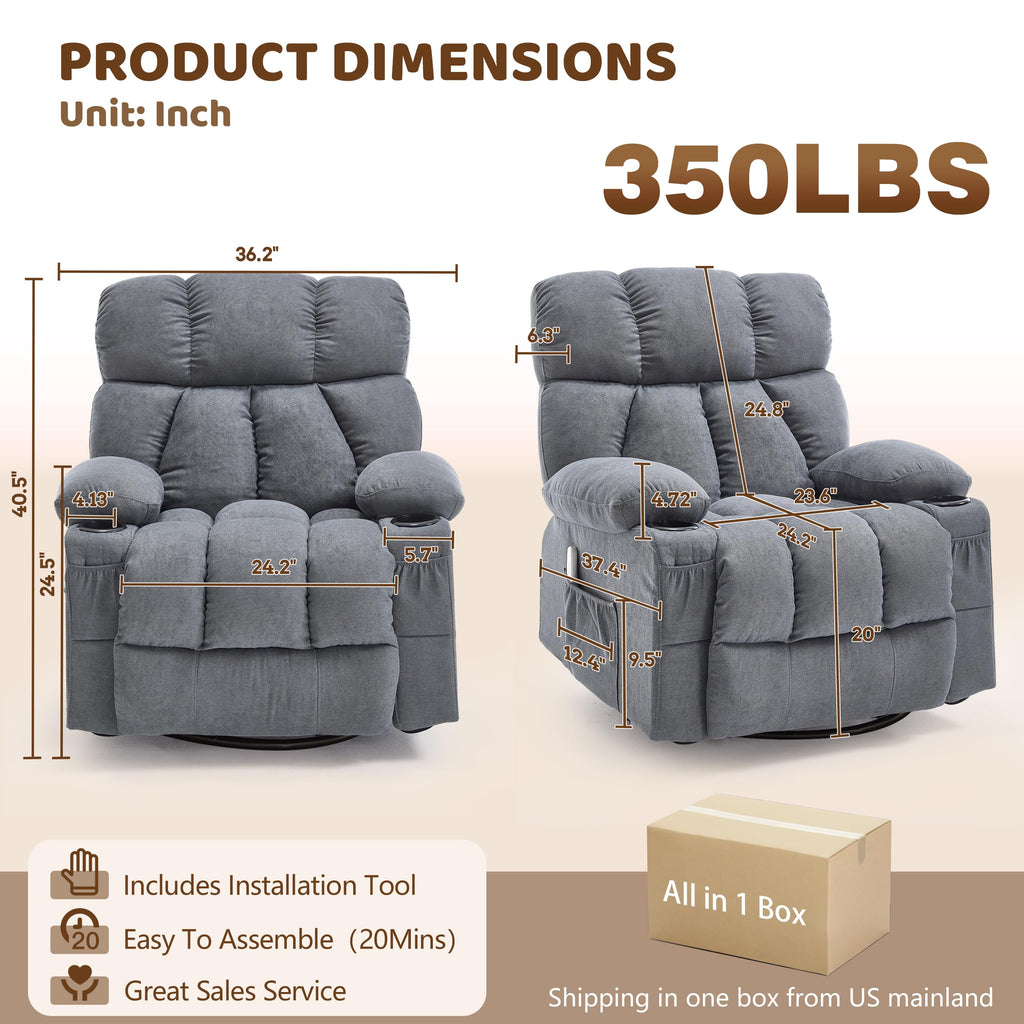 Oversized Grey Swivel Massage Recliner Chair Z692583