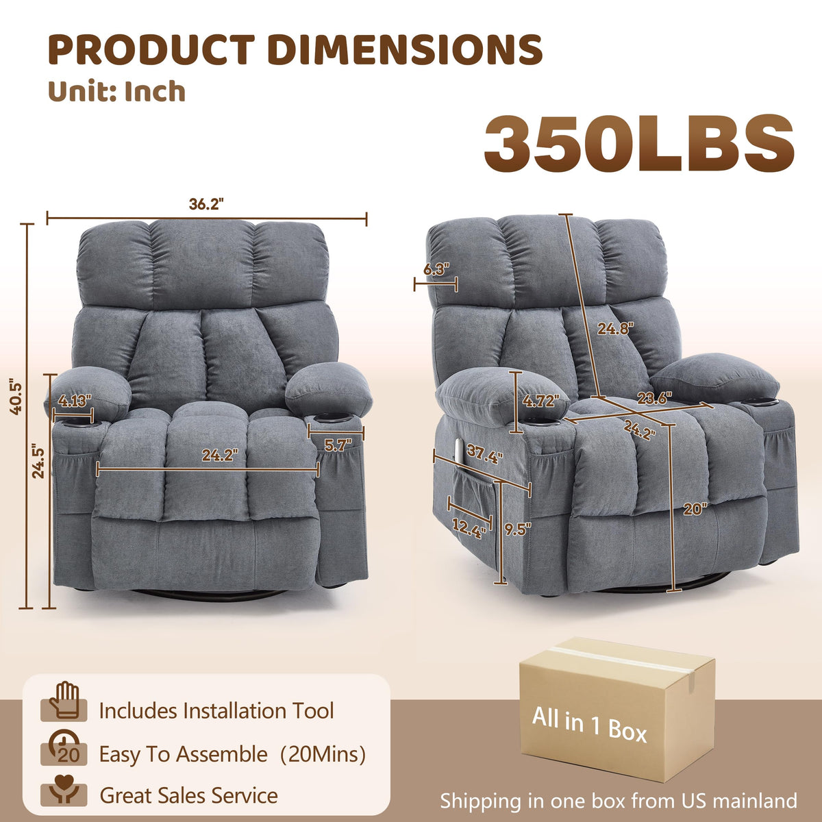 Oversized Grey Swivel Massage Recliner Chair Z692583