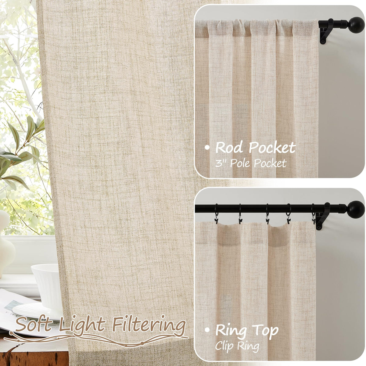 Linen Semi Sheer Door Curtain, 25 x 72 Inches, Natural, 1 Panel E210