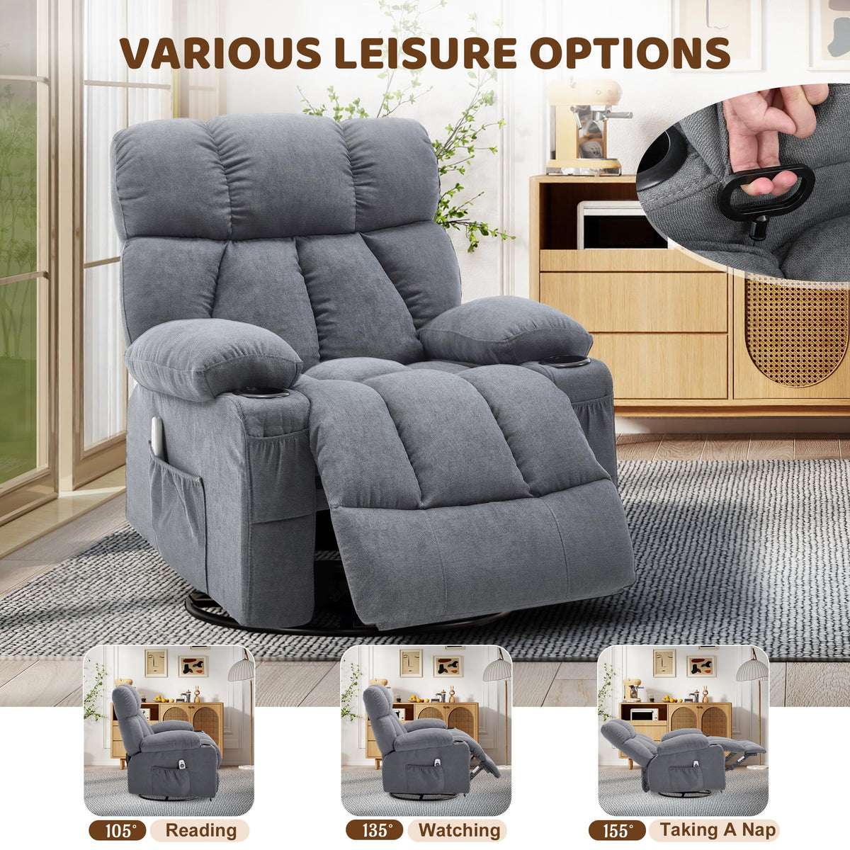 Oversized Grey Swivel Massage Recliner Chair Z692583