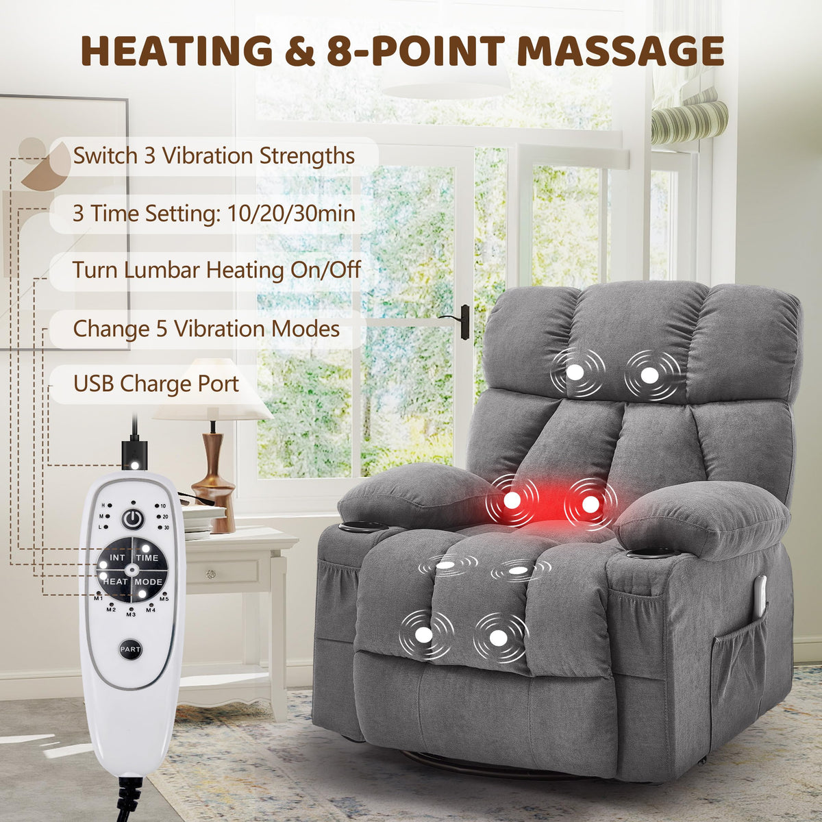 Oversized Grey Swivel Massage Recliner Chair Z692583